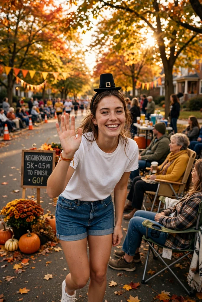Smiling runner in a pilgrim hat headband waving on a leafy course.