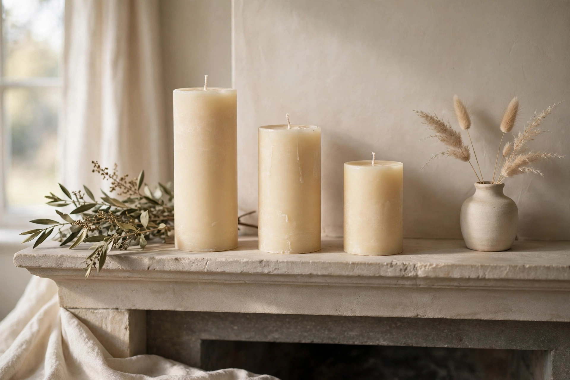 Pillar candle trio in graduated heights styled on a fireplace mantel.