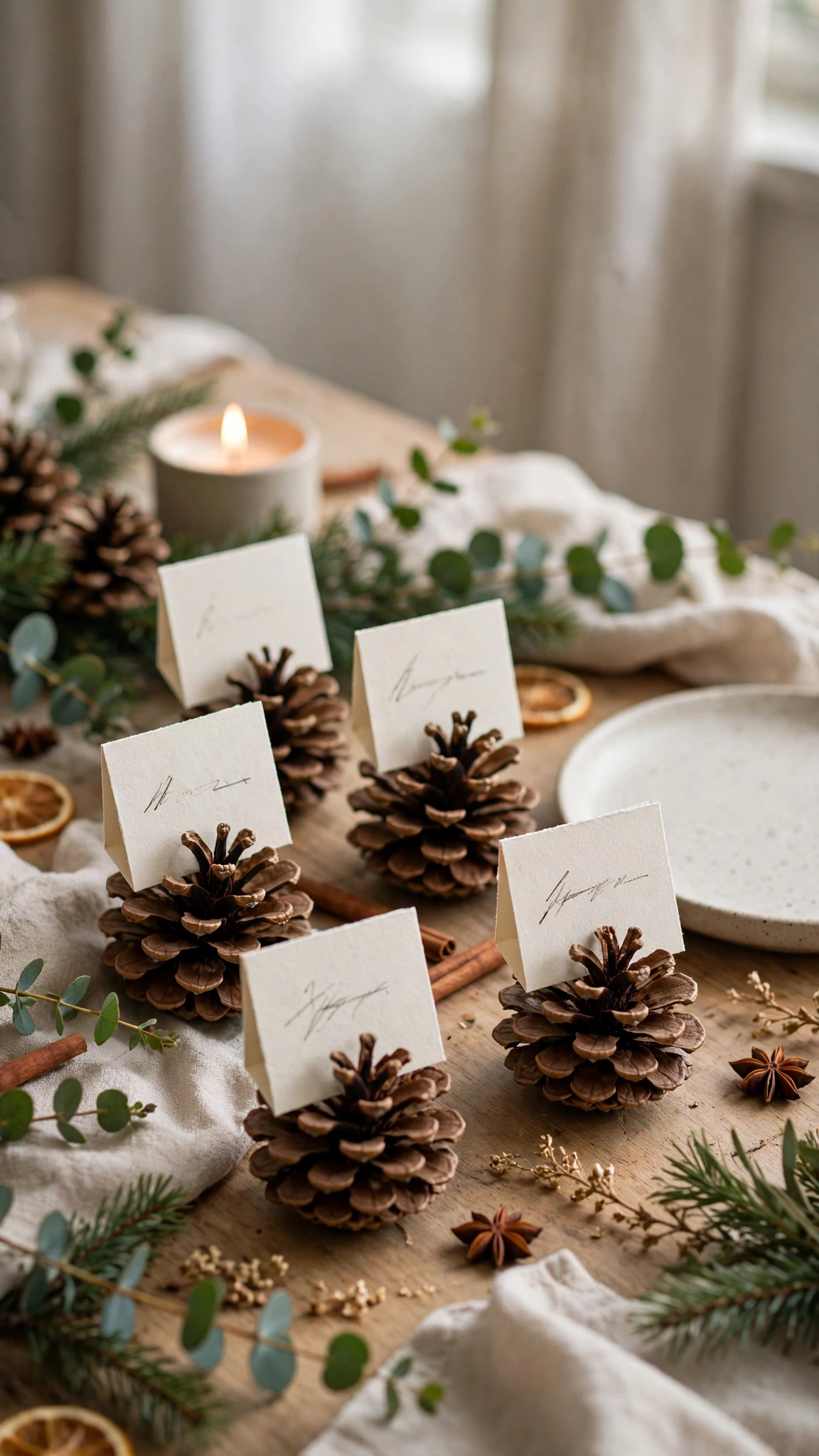 Pinecone place card holders with handwritten name cards arranged on a Christmas table.