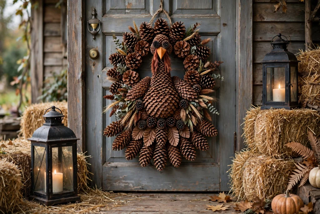 Pinecone turkey wreath on rustic front door surrounded by lanterns and hay bales.