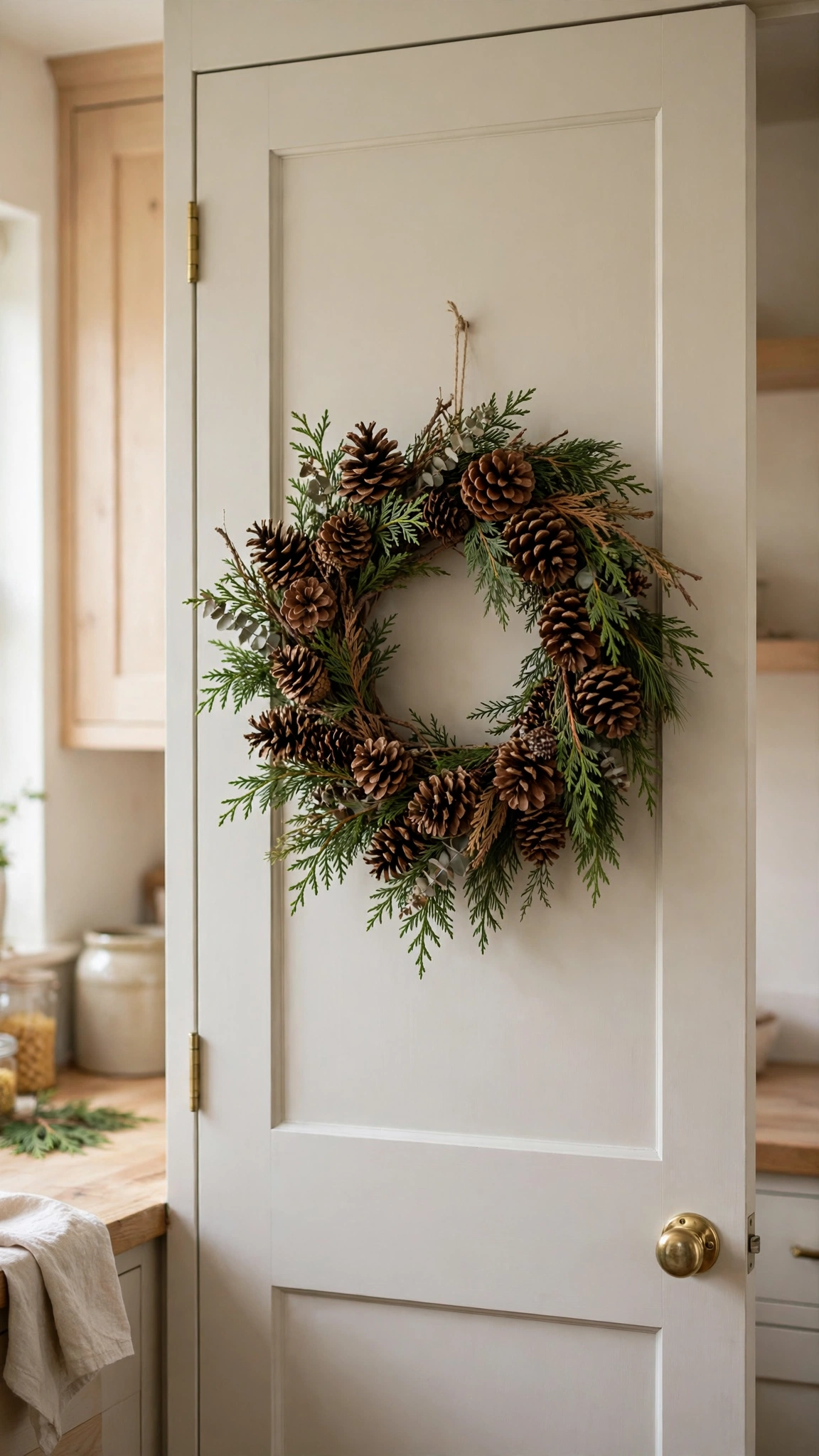 Christmas Kitchen Decor Ideas for a Festive Cozy Space 8 A pinecone wreath with cedar sprigs hanging on a kitchen pantry door.