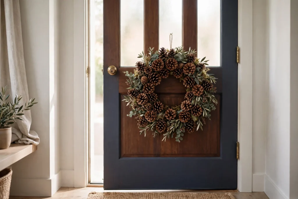 Rustic Thanksgiving Decor for a Warm Cozy Harvest Feel 7 Pinecone wreath with burlap bow hanging on a rustic front door.