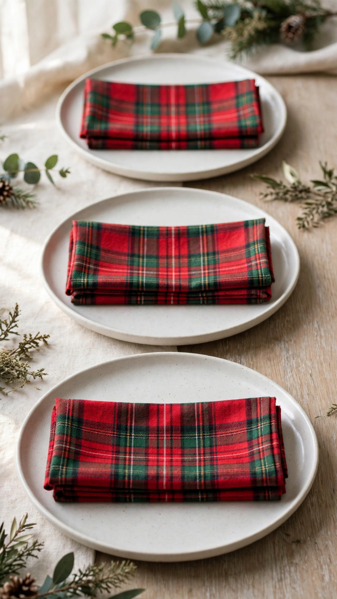 Red and green plaid cloth napkins folded neatly on white Christmas dinner plates.