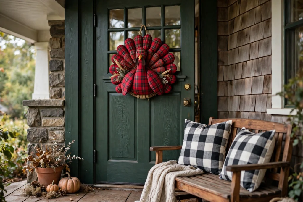 Red plaid fabric turkey wreath on craftsman front door with matching buffalo check pillows.