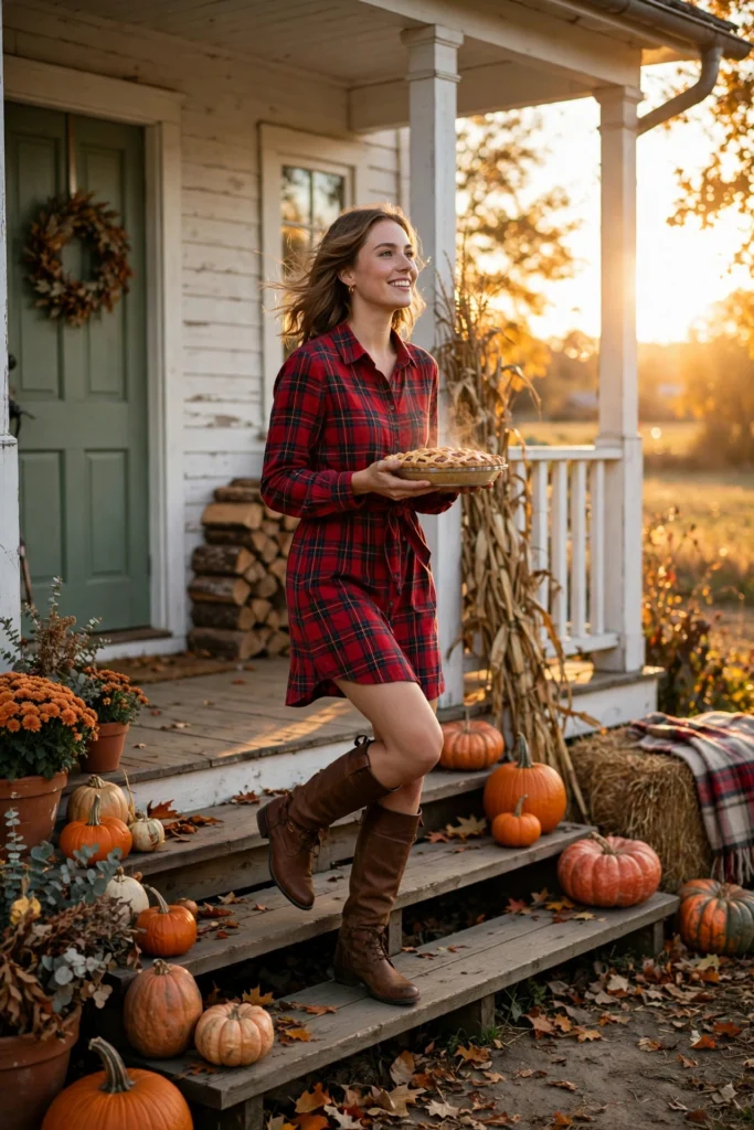Turkey Day Outfit Ideas for a Festive Casual Look 6 Woman arriving with a pie in a plaid flannel dress and knee-high boots.