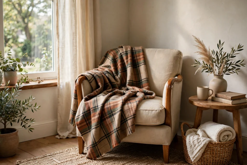 Friendsgiving Decor Ideas for a Fun Festive Party 8 Plaid throw blanket draped over an armchair in a cozy sunlit living room.