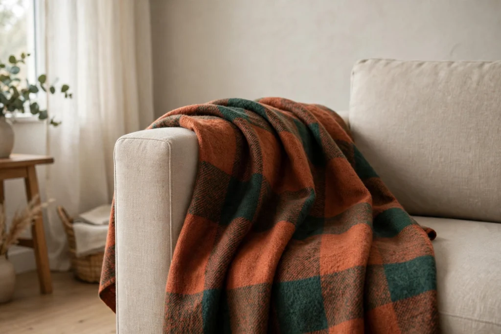 Turkey Day Decor Ideas for a Cozy Festive Home 10 Plaid throw blanket in rust and forest draped over a sofa arm.