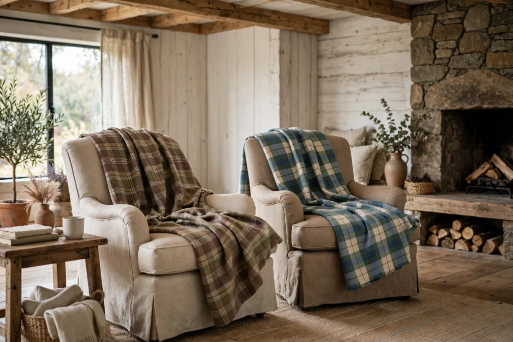 Rustic Thanksgiving Decor for a Warm Cozy Harvest Feel 6 Plaid throw blankets draped cozily over armchairs in rustic style.