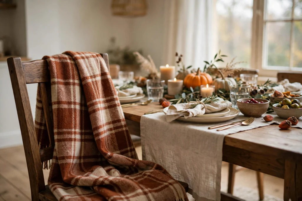Cornucopia Decor Ideas for a Traditional Thanksgiving Table 11 Plaid wool throw draped over a dining chair beside a Thanksgiving table