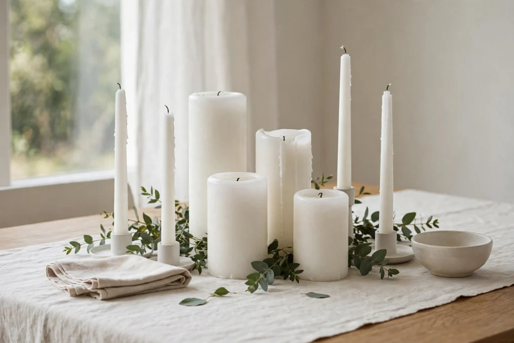 Budget Thanksgiving Tablescape Ideas That Still Look Elegant 13 White pillar and taper candles grouped elegantly on a dining table.