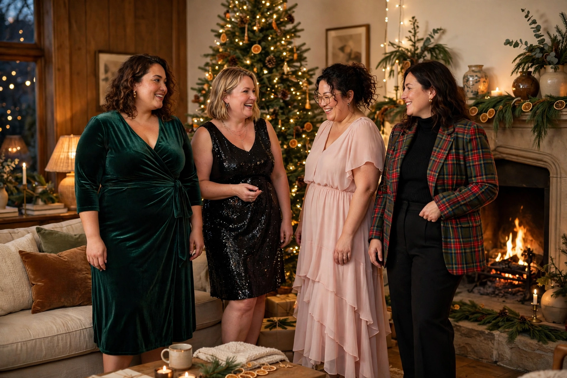 Plus Size Christmas Outfits That Fit and Flatter 1 Several women in festive velvet, sequin, and chiffon outfits beside a Christmas tree