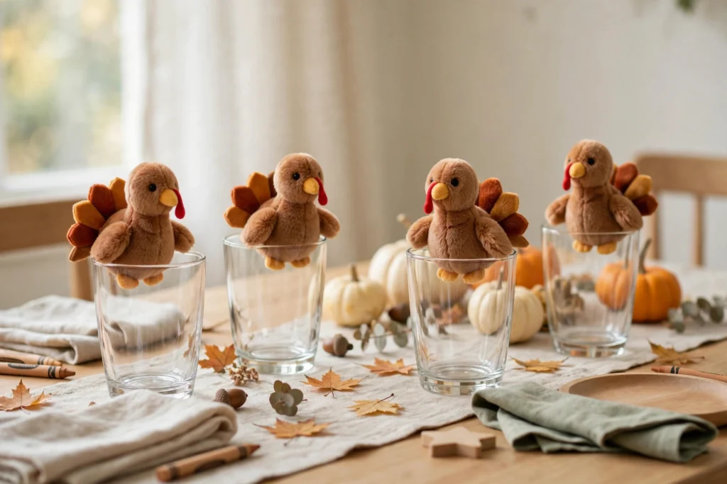Plush turkey finger puppets perched on tumblers at a children's Thanksgiving table