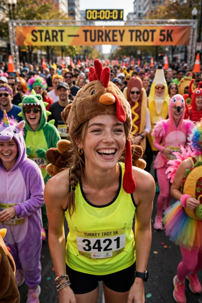 Beaming runner wearing a plush turkey hat and neon singlet at the start.