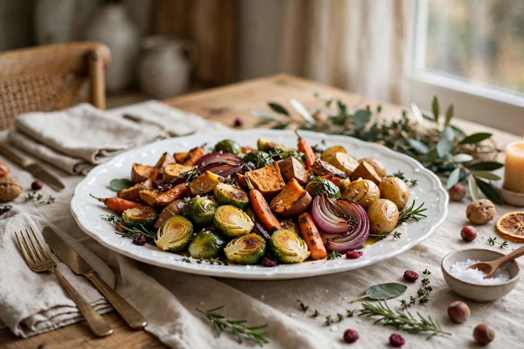 Cornucopia Decor Ideas for a Traditional Thanksgiving Table 13 White porcelain serving platter with roasted vegetables on a Thanksgiving dining table