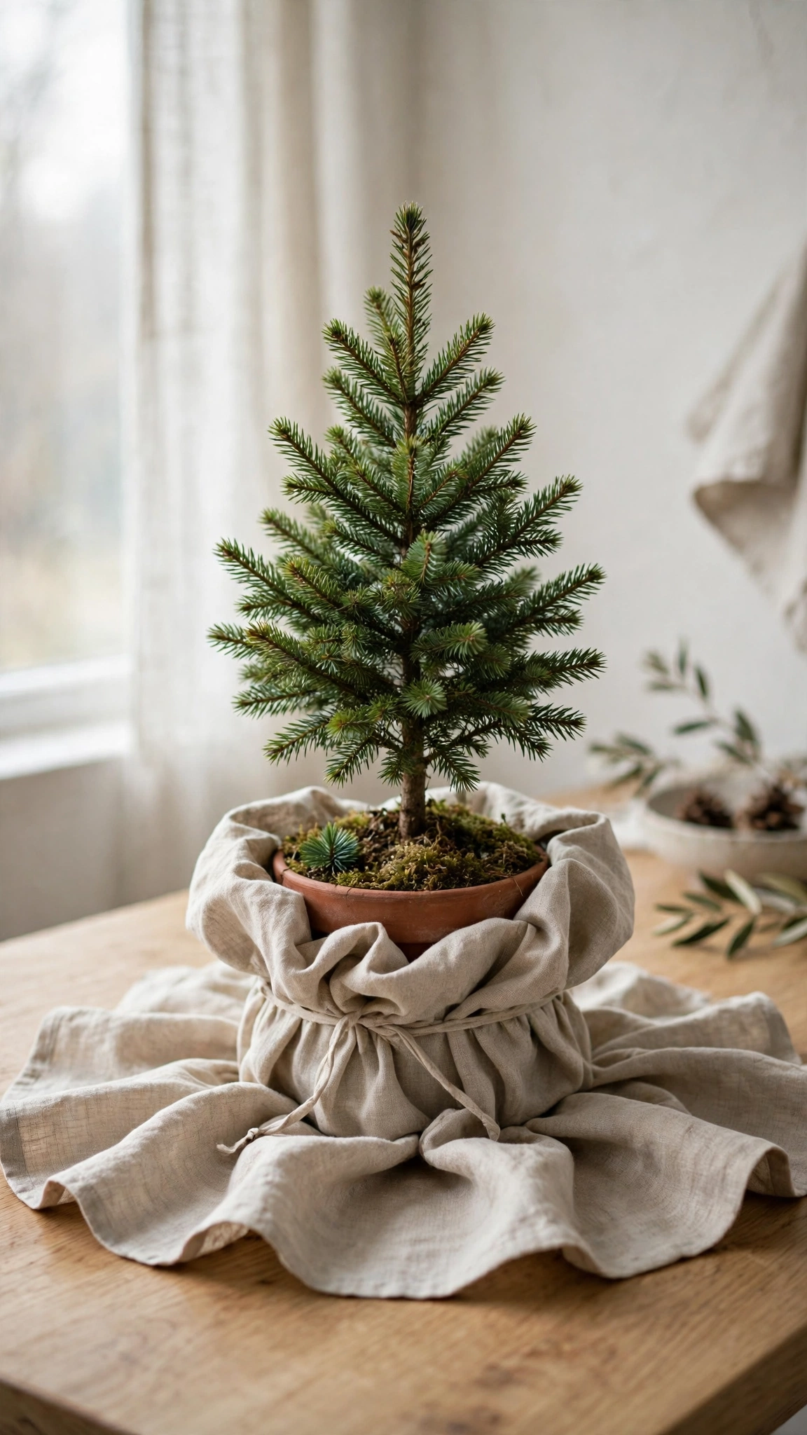 Portable tree skirt gathered neatly around the base of a small tabletop Christmas tree.