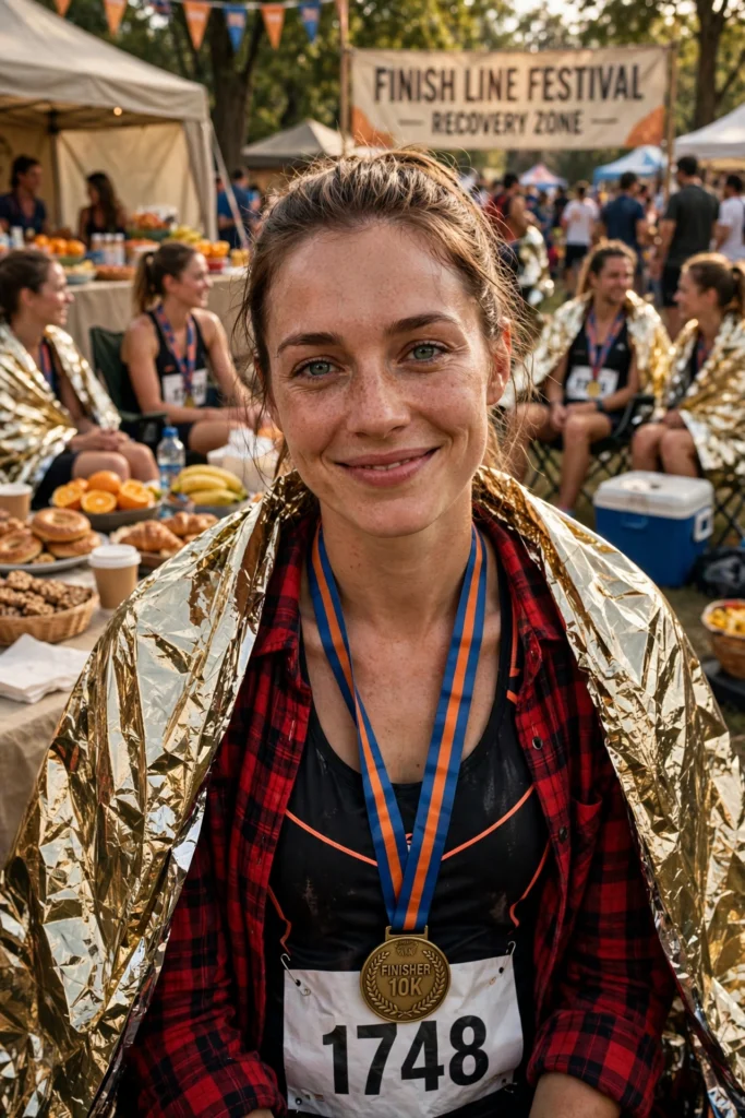 Happy finisher in a red flannel shirt with a medal around her neck.