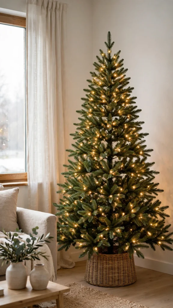 Christmas Tree Decorating Ideas for a Magical Holiday Look 2 A pre-lit artificial Christmas tree glowing in a cozy living room corner at dusk