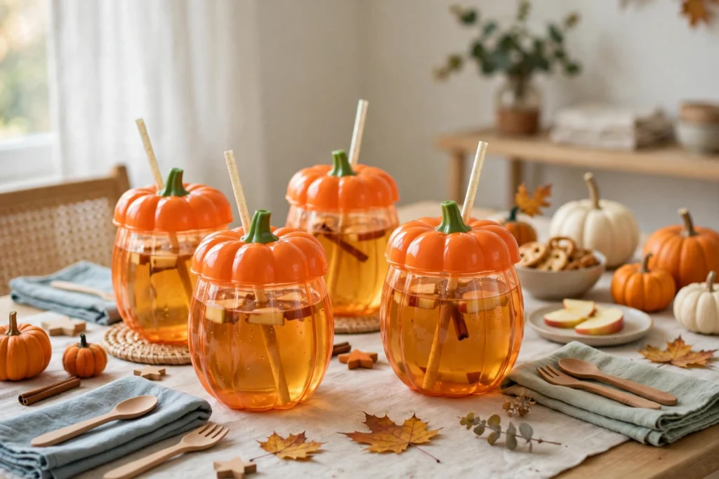 Pumpkin-shaped plastic tumblers filled with cider on a festive children's holiday table