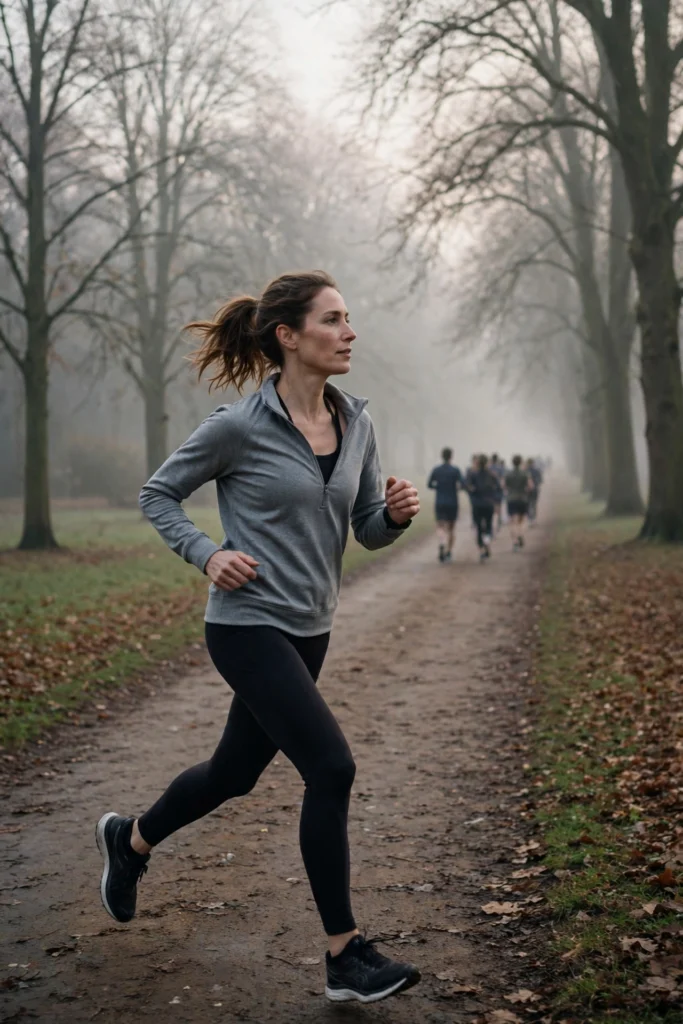 Runner mid-stride in a gray quarter-zip pullover on a misty park path.