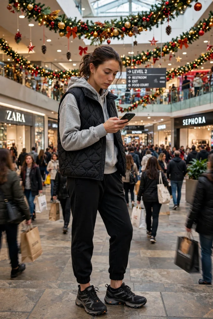 Woman in a quilted puffer vest and hoodie shopping inside a busy holiday mall.
