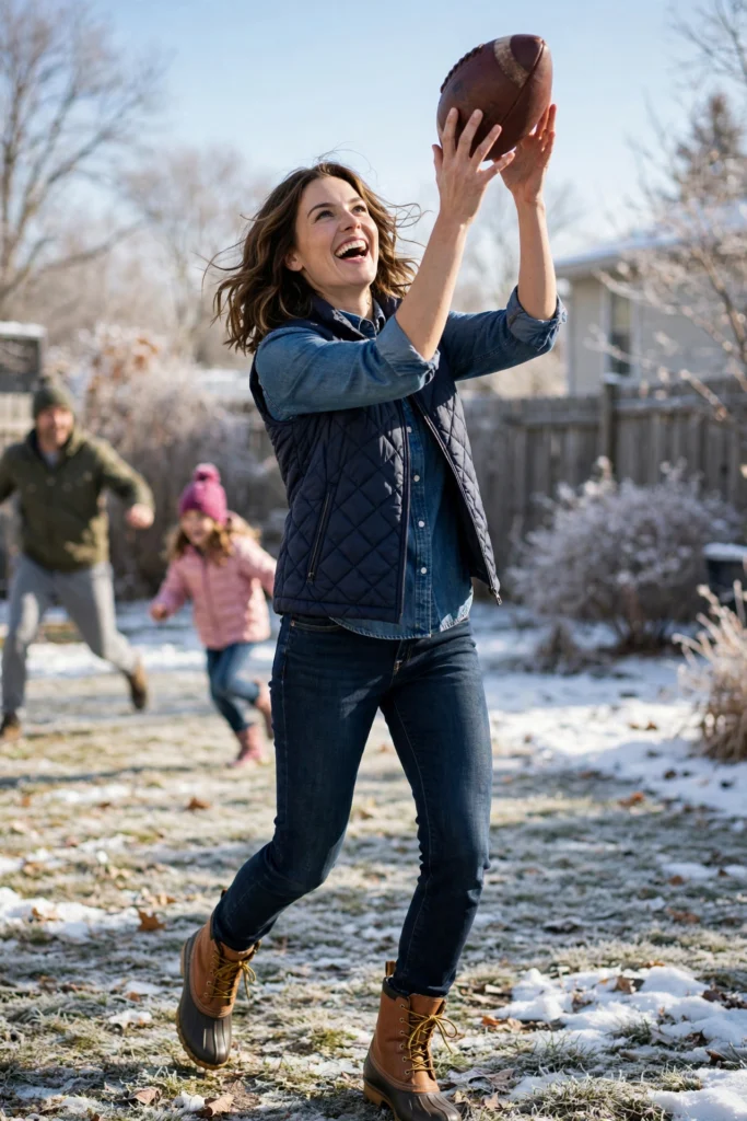 Turkey Day Outfit Ideas for a Festive Casual Look 15 Woman playing football in a quilted vest and chambray shirt on turkey day.