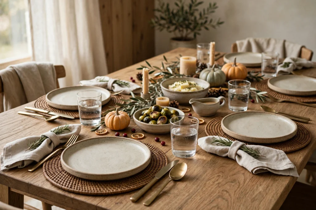Cornucopia Decor Ideas for a Traditional Thanksgiving Table 18 Rattan placemats under cream stoneware plates on a set Thanksgiving dining table