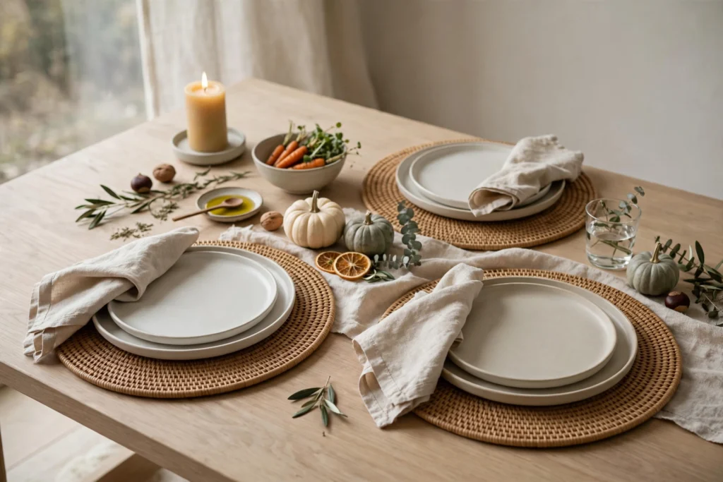 Modern Minimalist Thanksgiving Decor for a Chic Clean Table 9 Round rattan placemats defining elegant place settings on a minimalist Thanksgiving table.