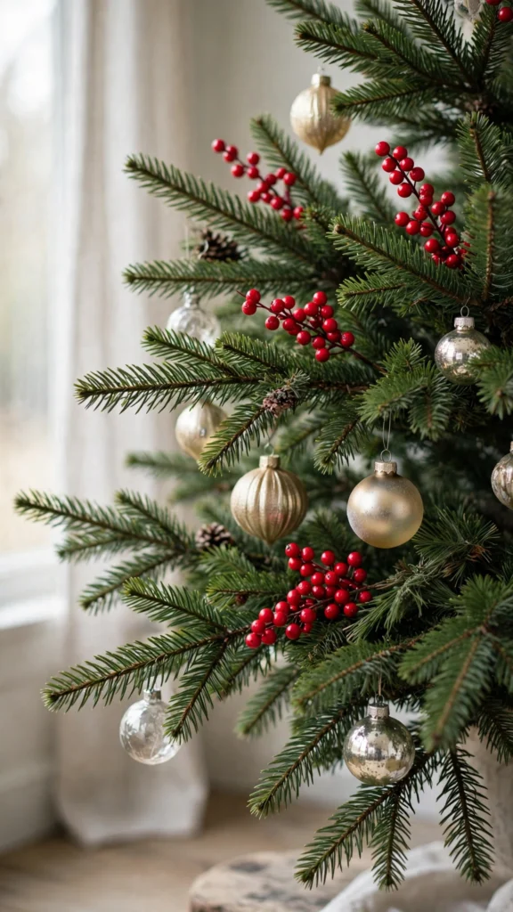 Christmas Tree Decorating Ideas for a Magical Holiday Look 15 Red berry picks tucked into Christmas tree branches among gold ornaments and greenery