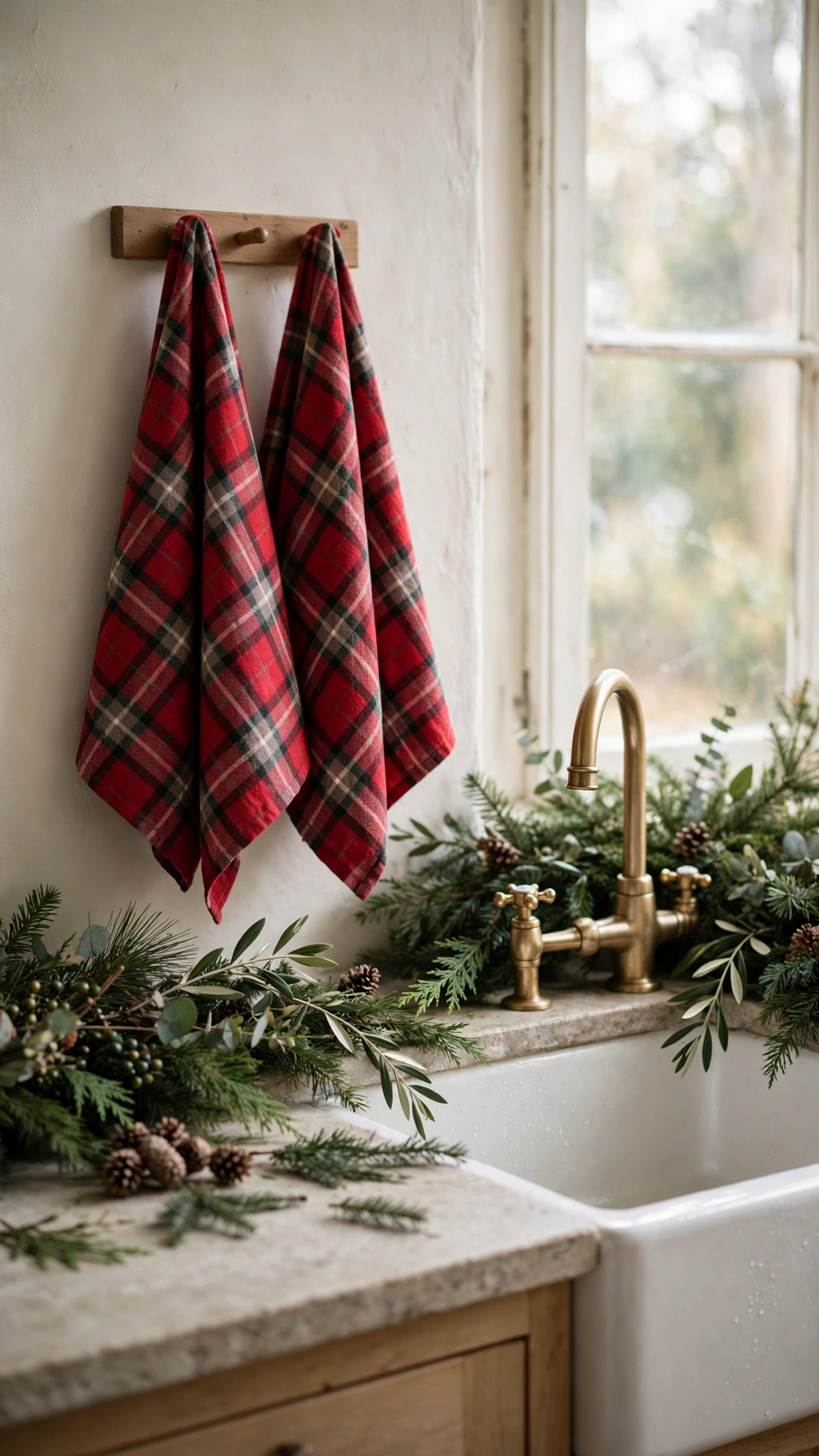 Christmas Kitchen Decor Ideas for a Festive Cozy Space 2 Red plaid kitchen towels hanging by a bright Christmas kitchen sink with greenery nearby.