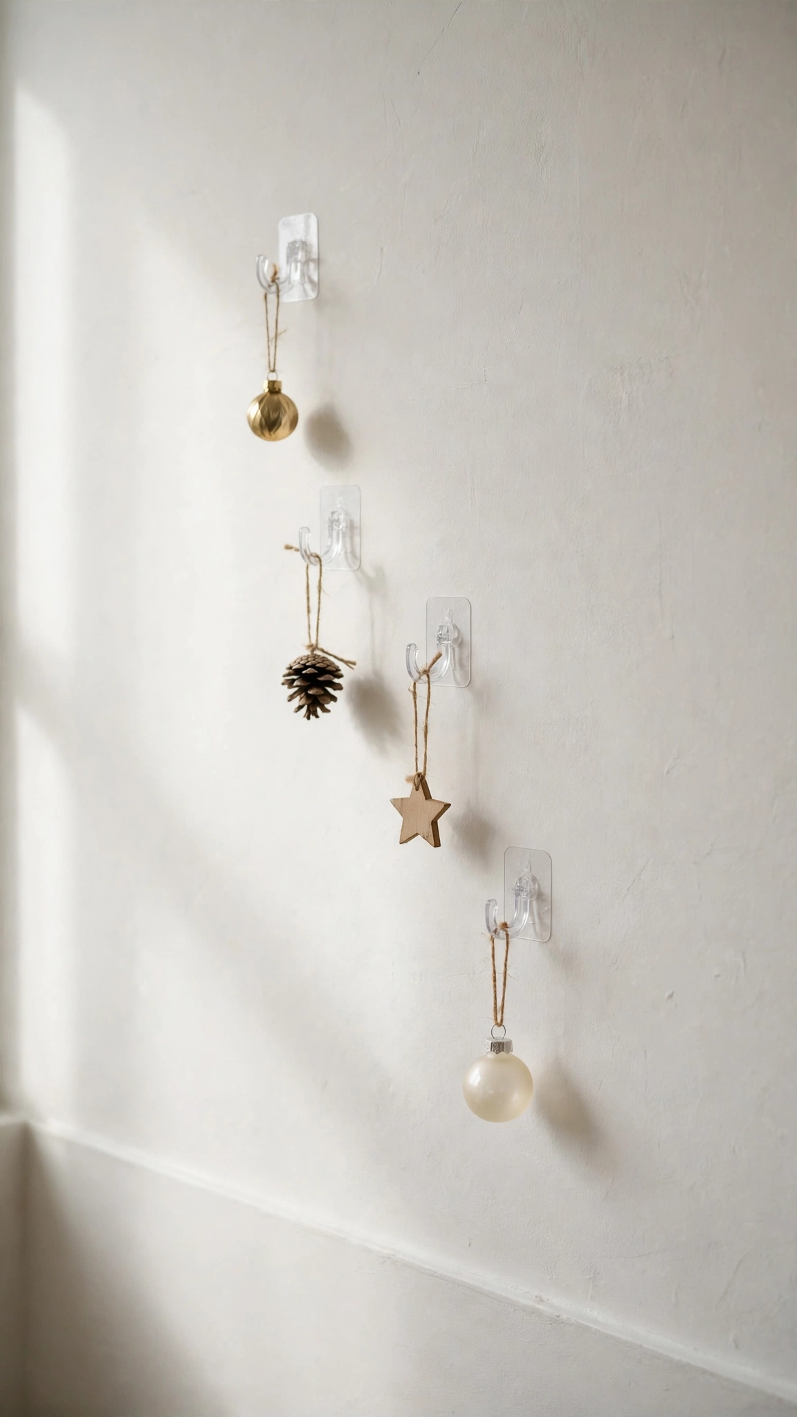 Small ornaments hanging from removable adhesive hooks on a plain rented apartment wall.