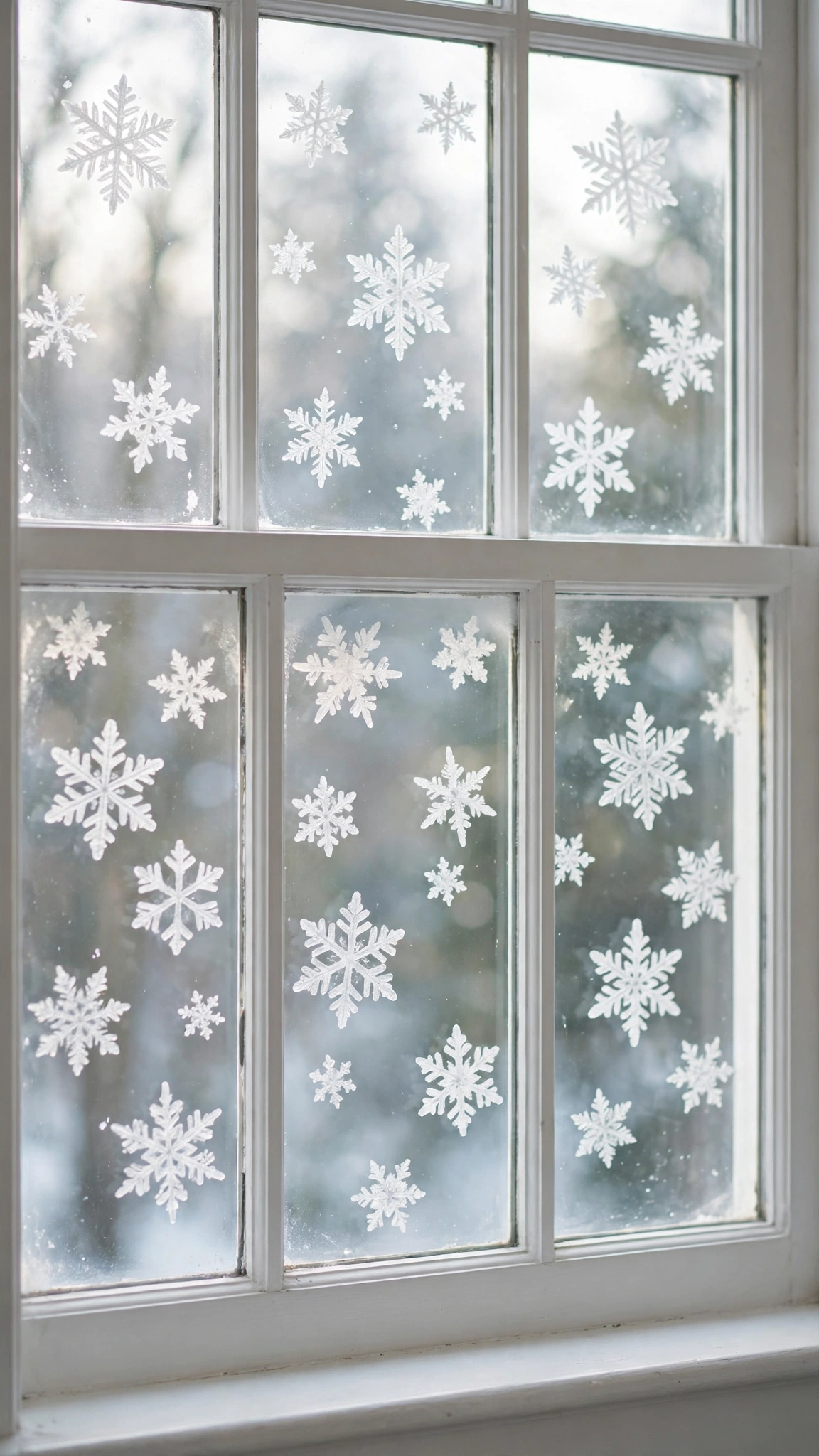 Removable snowflake window clings scattered across a bright window pane in soft daylight.