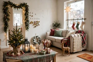 Rented living room styled for Christmas with portable tree, lights, garland, and festive textiles.