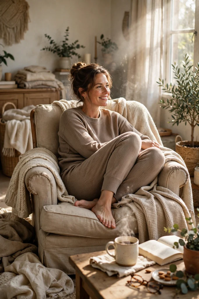 Woman relaxing in a taupe ribbed knit jogger set in a sunlit living room.