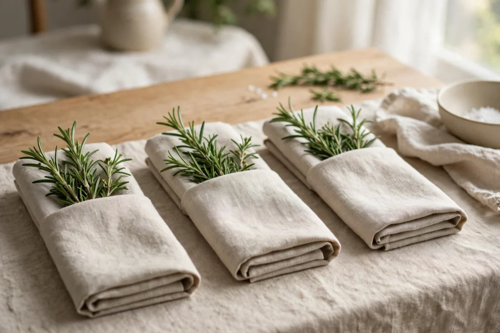 Budget Thanksgiving Tablescape Ideas That Still Look Elegant 16 Fresh rosemary sprigs tucked into napkins as fragrant table garnish.