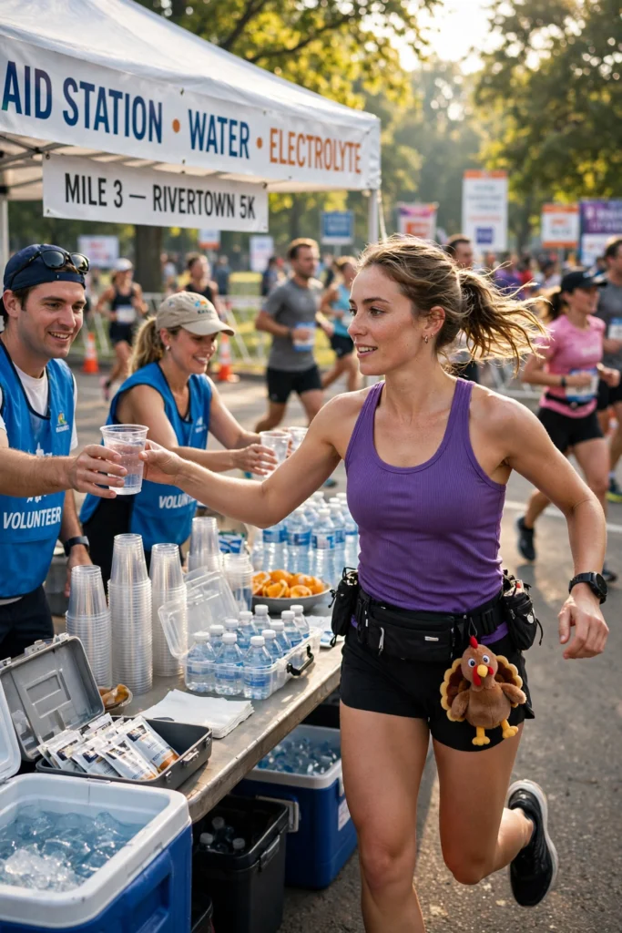 Runner grabbing water wearing a running belt with a mini turkey plush.