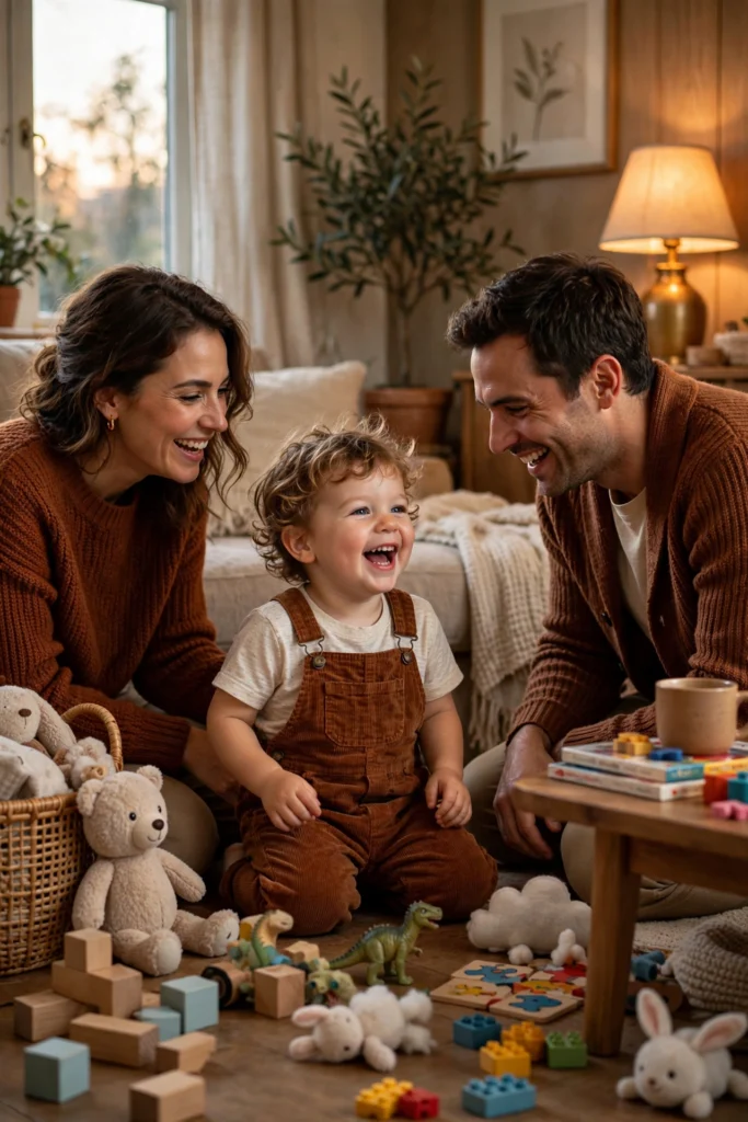 Family Thanksgiving Twinning Outfits for a Cute Photo Moment 7 Giggling toddler in rust corduroy overalls with smiling parents kneeling beside them.