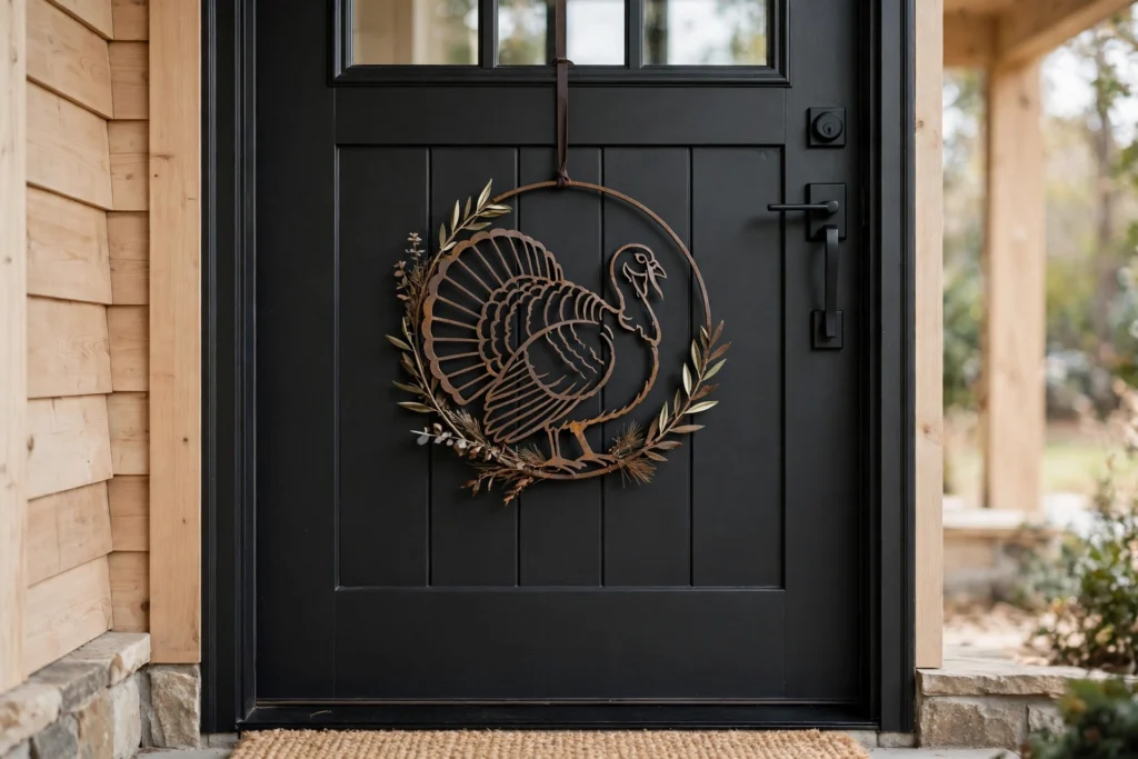 Rustic metal turkey wreath in slim profile on modern farmhouse front door.