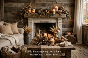 Rustic Thanksgiving space with reclaimed wood, burlap, and farmhouse pieces.