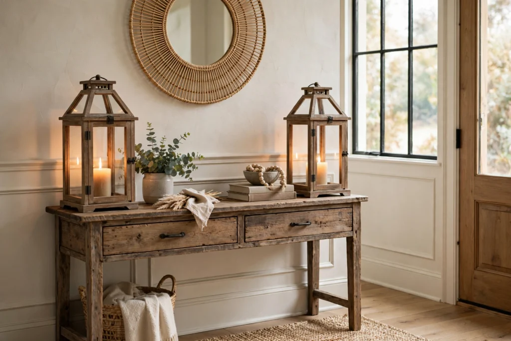Gratitude and Thankful Themed Decor for Your Thanksgiving Home 12 Rustic wood lanterns with candles flanking an entryway console table