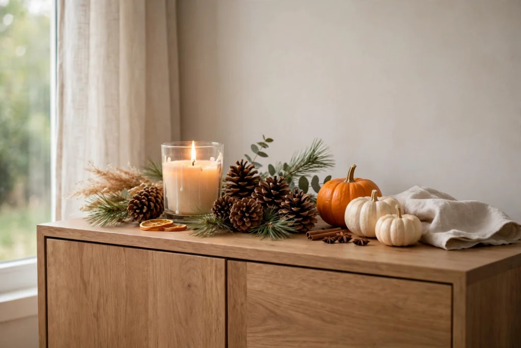 Thanksgiving sideboard with a lit scented candle, pinecones, and small pumpkins nearby.