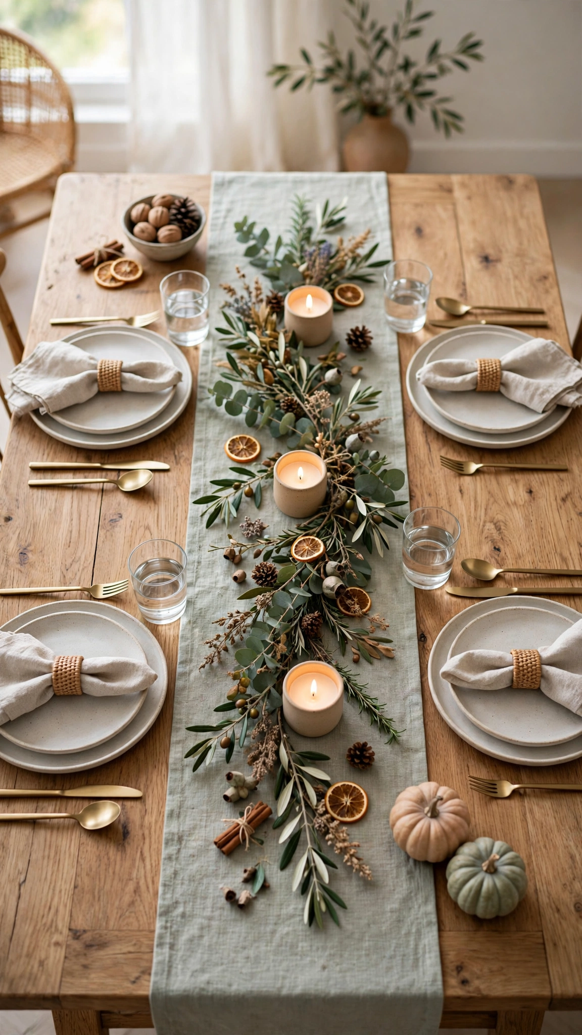 Seasonal table runner centred on a festive dining table with candles and green foliage.