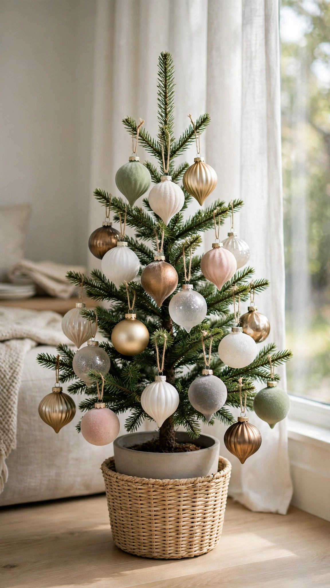 Shatterproof ornaments in mixed finishes hanging on a small Christmas tree near a window.