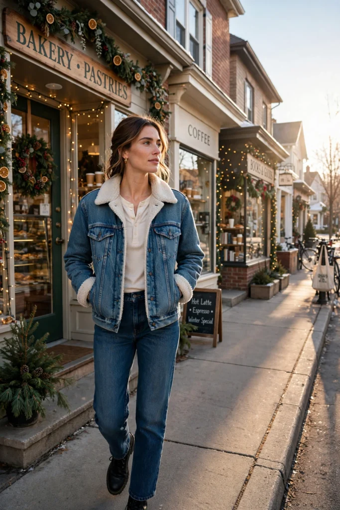 Woman in a sherpa-lined denim jacket strolling a holiday-decorated shopping street at midday.