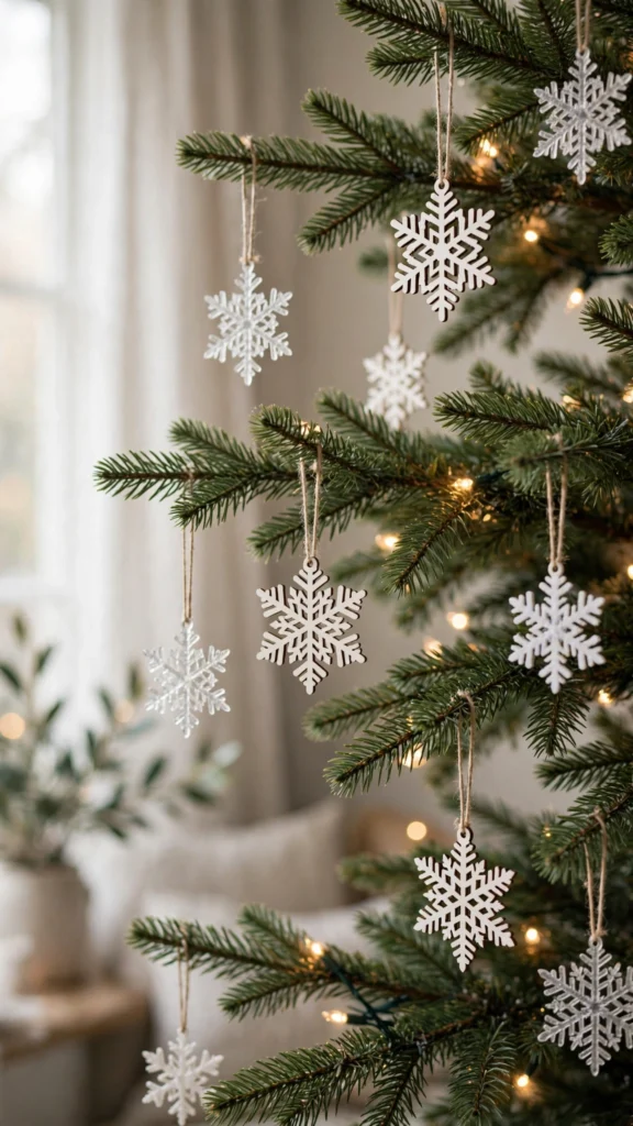 Christmas Tree Decorating Ideas for a Magical Holiday Look 11 White snowflake ornaments hanging on a Christmas tree glowing with warm lights