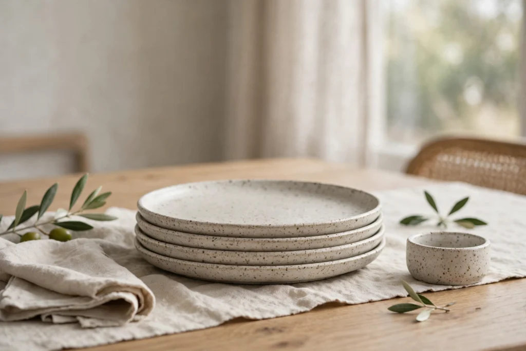 Speckled stoneware dinner plates stacked on an elegant Thanksgiving table setting beautifully.