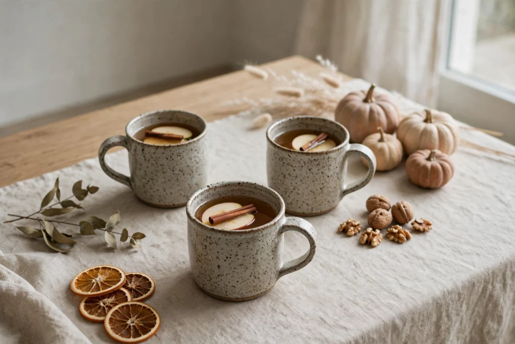 Modern Minimalist Thanksgiving Decor for a Chic Clean Table 17 Speckled stoneware mugs filled with cider on a minimalist Thanksgiving table setting.