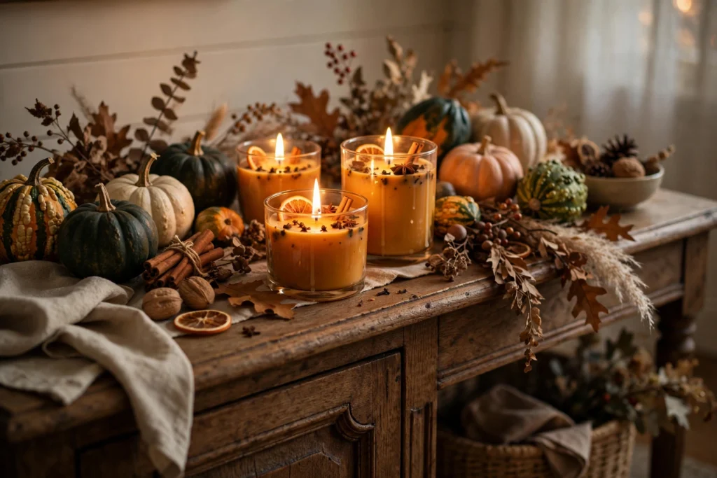 Cornucopia Decor Ideas for a Traditional Thanksgiving Table 24 Spiced scented candles glowing on a Thanksgiving dining sideboard beside autumn gourds