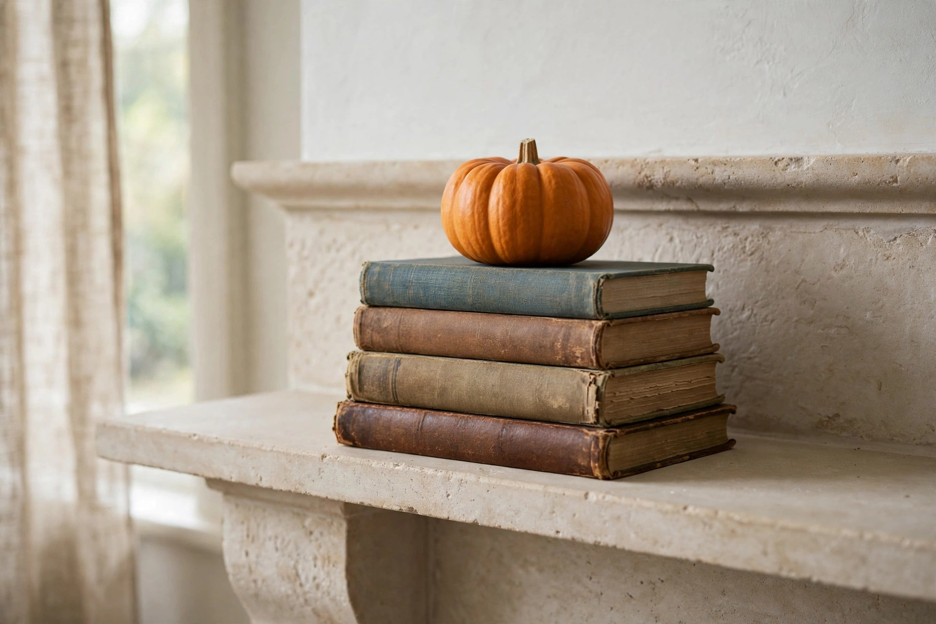 Stacked vintage books with a small pumpkin styled on a mantel.
