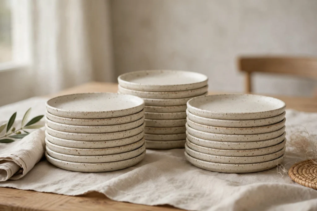 Stacked cream stoneware dessert plates arranged neatly along the dining room table.