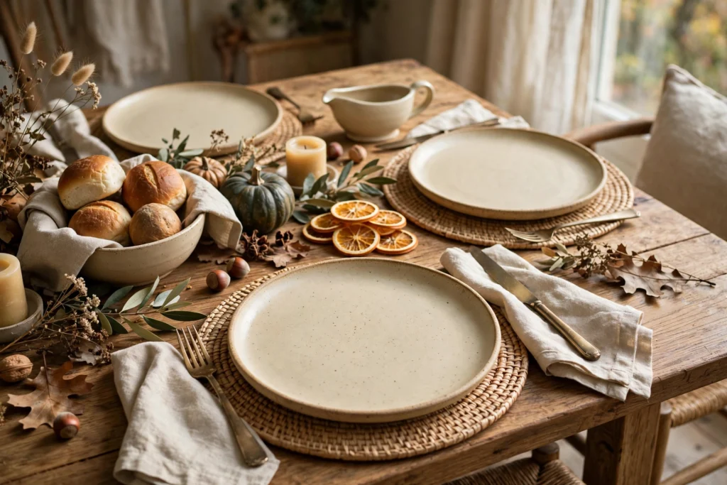 Cornucopia Decor Ideas for a Traditional Thanksgiving Table 8 Stoneware dinner plate set in warm cream on a set Thanksgiving dining table